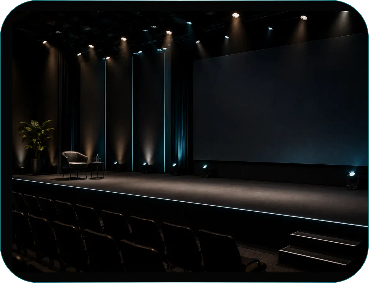 Palco preparado para treinamentos e simulações de comunicação estratégica, liderança, autoridade e influência da Paragon Academy.