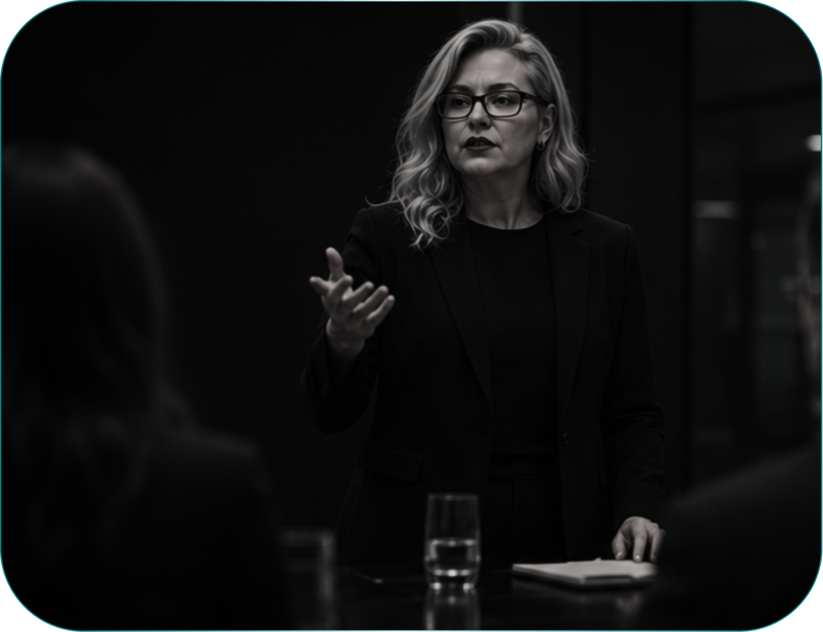 Executiva conduzindo uma apresentação com postura segura, demonstrando presença executiva, liderança e comunicação estratégica em ambiente corporativo.