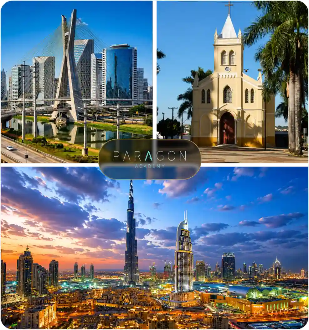 Montagem com imagens de Uberlândia, São Paulo e Dubai representando a atuação da Paragon Academy no desenvolvimento da comunicação, oratória, liderança e posicionamento profissional no Brasil e no exterior.