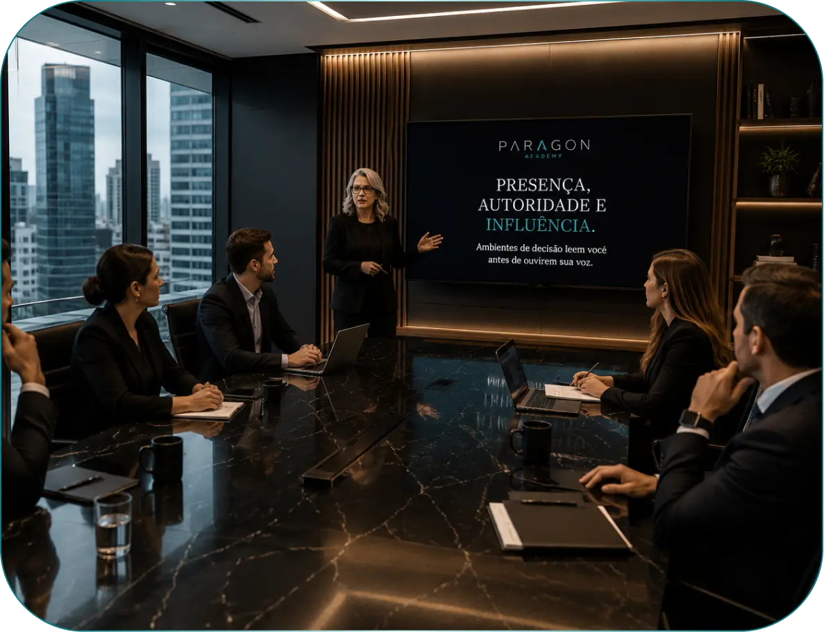Executiva conduz treinamento sobre presença, autoridade e influência durante programa de comunicação estratégica da Paragon Academy.